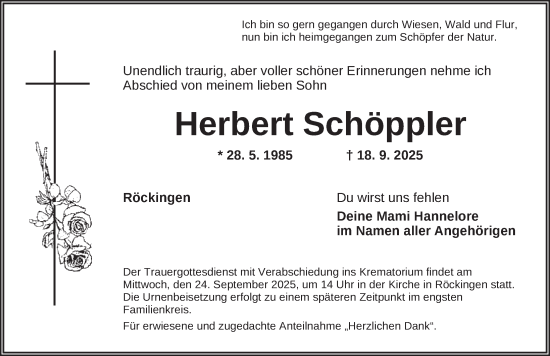 Traueranzeige von Herbert Schöppler von Dinkelsbühl/ Feuchtwangen