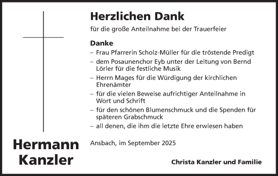Traueranzeige von Hermann Kanzler von Ansbach