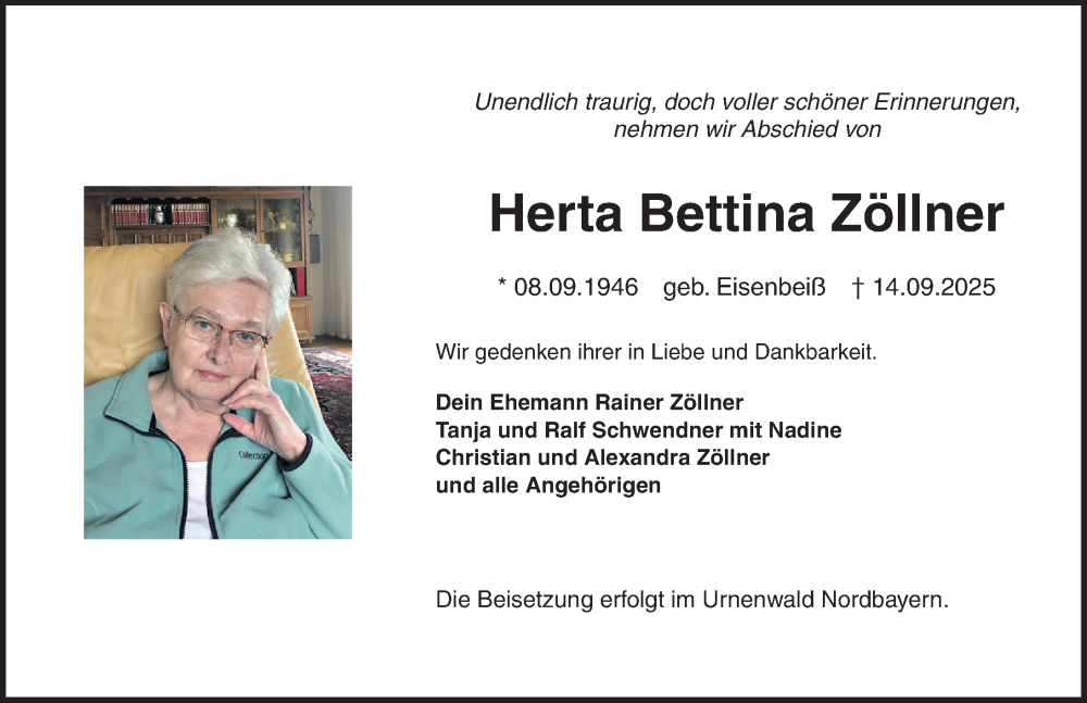  Traueranzeige für Herta Bettina Zöllner vom 23.09.2025 aus Ansbach