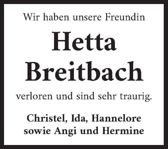 Traueranzeige von Hetta Breitbach von Neustadt/ Scheinfeld/ Uffenheim