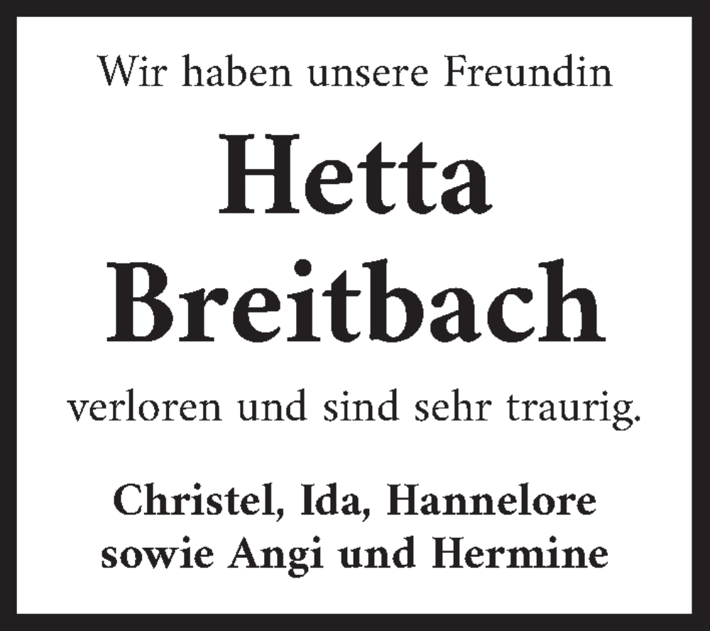  Traueranzeige für Hetta Breitbach vom 10.09.2025 aus Neustadt/ Scheinfeld/ Uffenheim