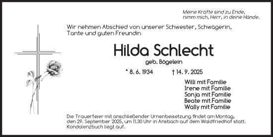 Traueranzeige von Hilda Schlecht von Dinkelsbühl/ Feuchtwangen