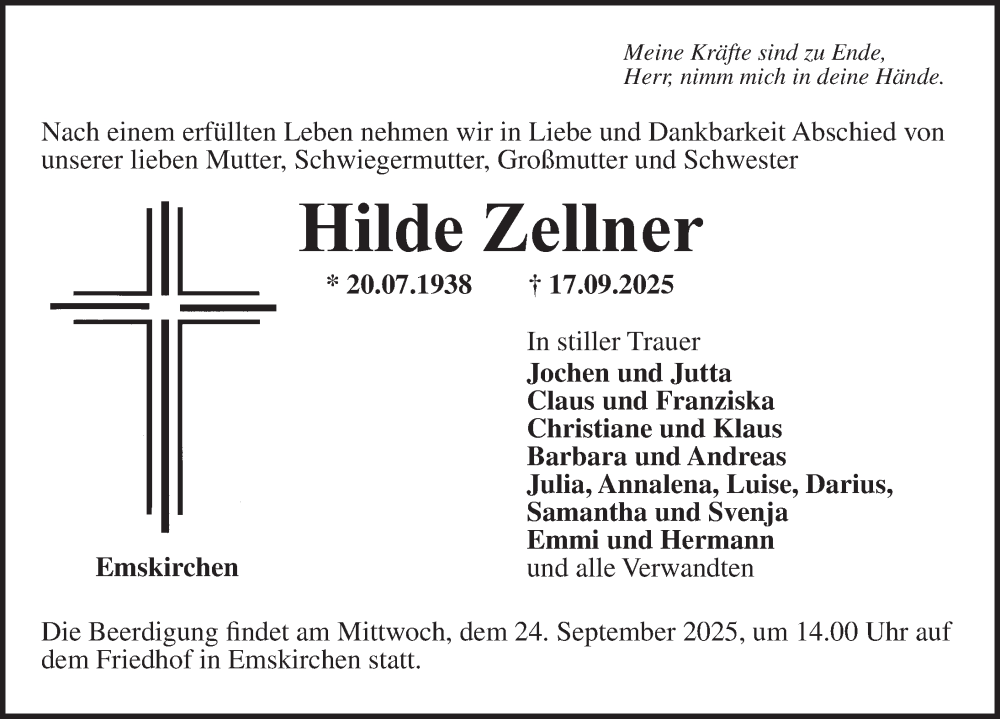  Traueranzeige für Hilde Zellner vom 20.09.2025 aus Neustadt/ Scheinfeld/ Uffenheim