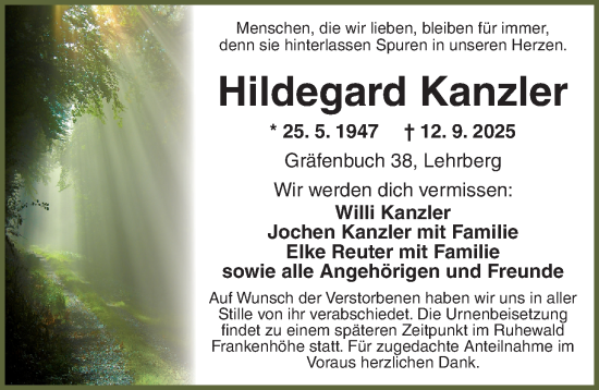 Traueranzeige von Hildegard Kanzler von Ansbach