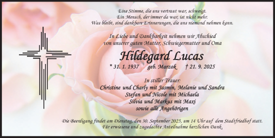 Traueranzeige von Hildegard Lucas von Ansbach