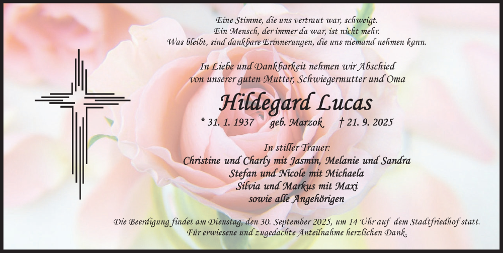  Traueranzeige für Hildegard Lucas vom 25.09.2025 aus Ansbach
