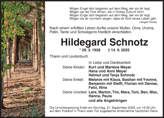 Traueranzeige von Hildegard Schnotz von Ansbach