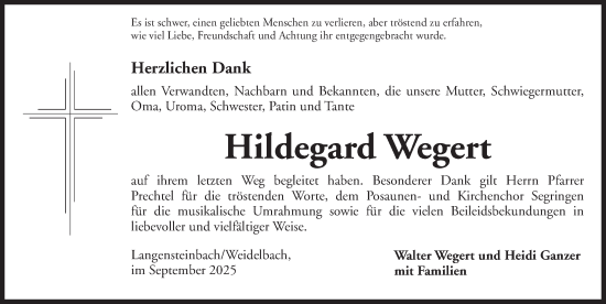 Traueranzeige von Hildegard Wegert von Dinkelsbühl/ Feuchtwangen