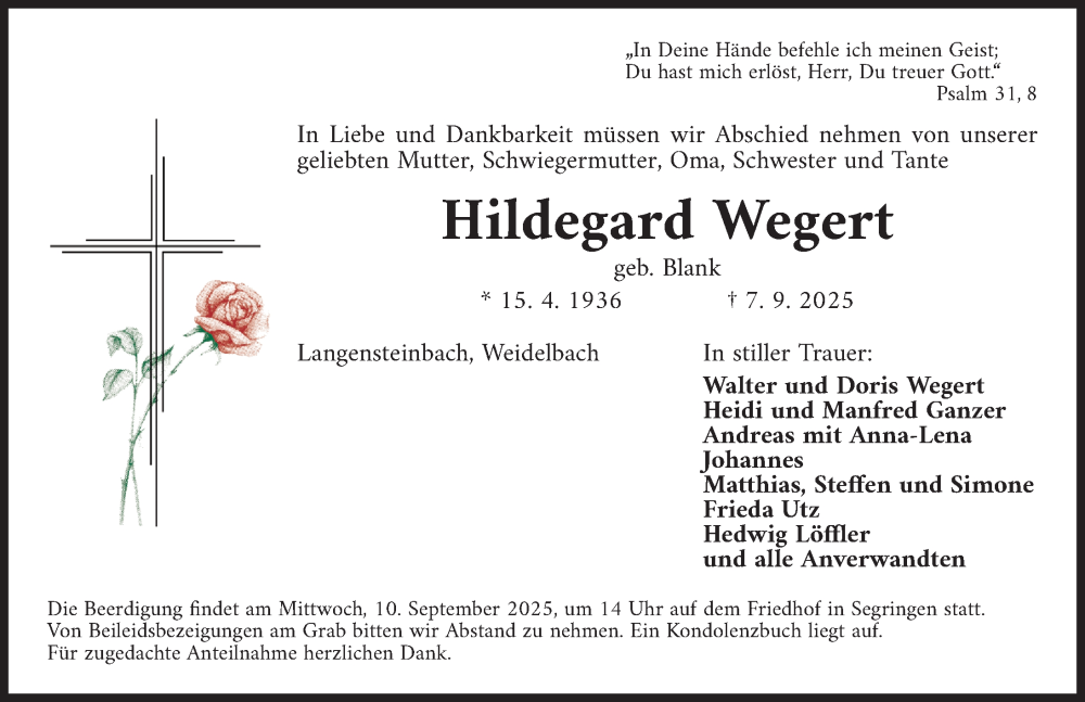  Traueranzeige für Hildegard Wegert vom 09.09.2025 aus Dinkelsbühl/ Feuchtwangen