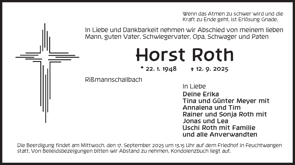  Traueranzeige für Horst Roth vom 15.09.2025 aus Dinkelsbühl/ Feuchtwangen
