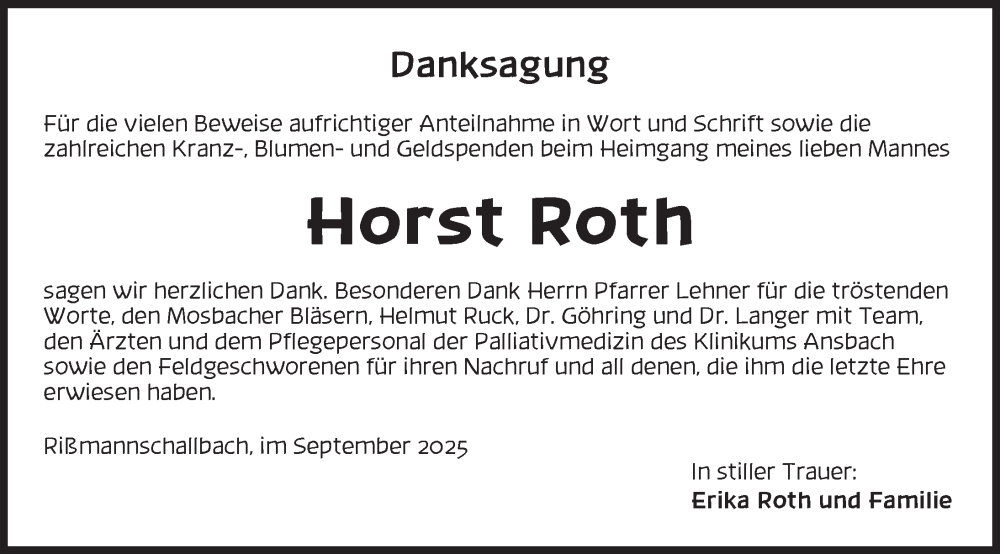  Traueranzeige für Horst Roth vom 27.09.2025 aus Dinkelsbühl/ Feuchtwangen