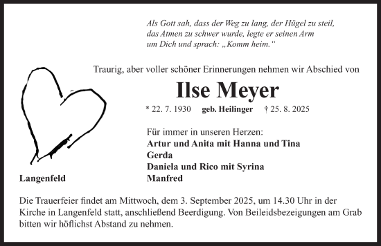 Traueranzeige von Ilse Meyer von Neustadt/ Scheinfeld/ Uffenheim