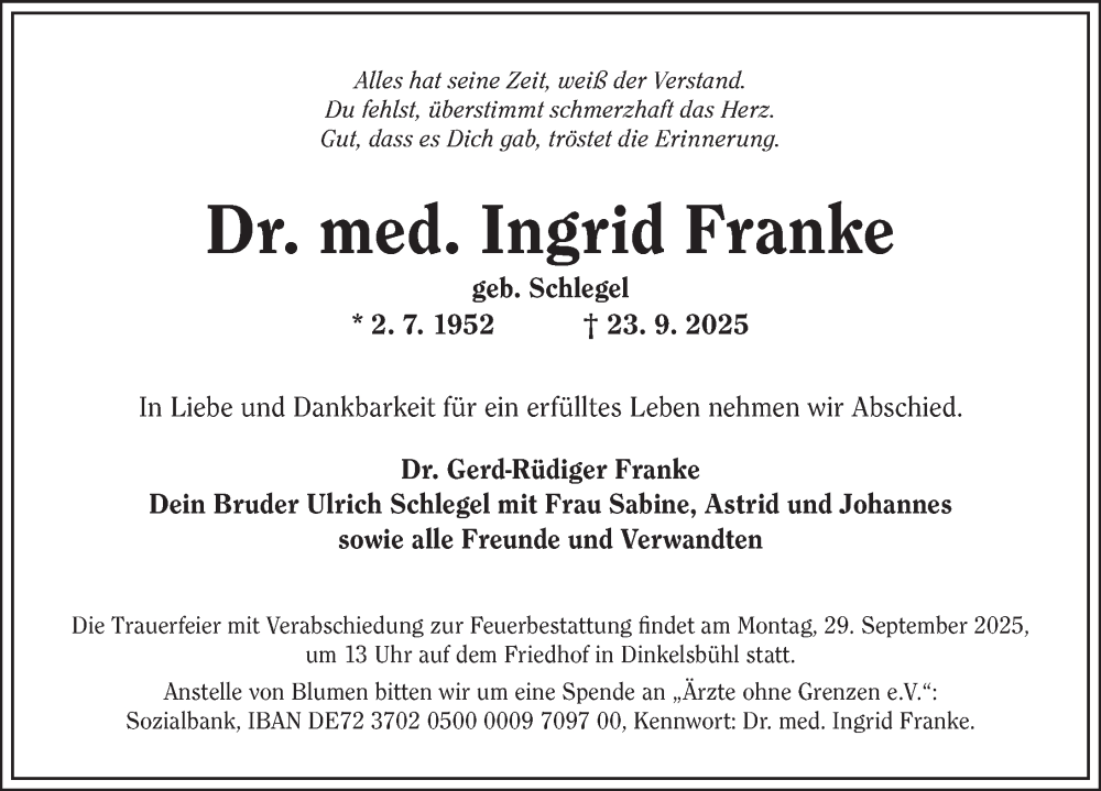  Traueranzeige für Ingrid Franke vom 26.09.2025 aus Dinkelsbühl/ Feuchtwangen