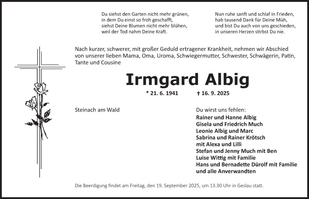  Traueranzeige für Irmgard Albig vom 18.09.2025 aus Rothenburg