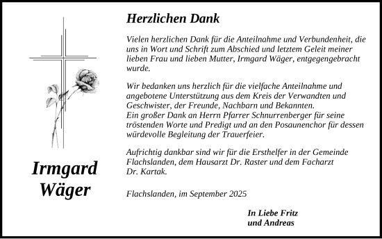 Traueranzeige von Irmgard Wäger von Ansbach