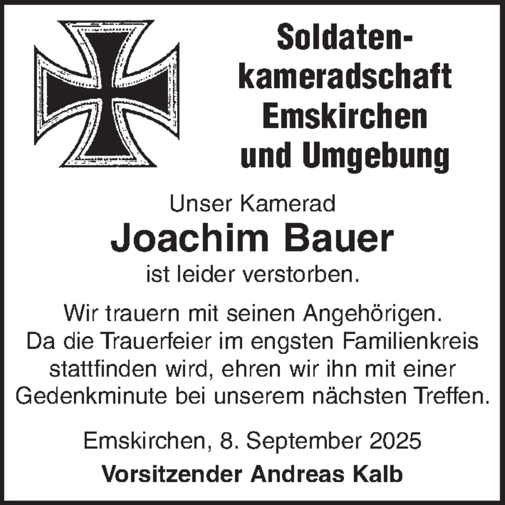 Traueranzeige für Joachim Bauer vom 10.09.2025 aus Neustadt/ Scheinfeld/ Uffenheim