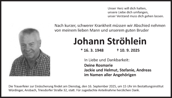 Traueranzeige von Johann Ströhlein von Ansbach