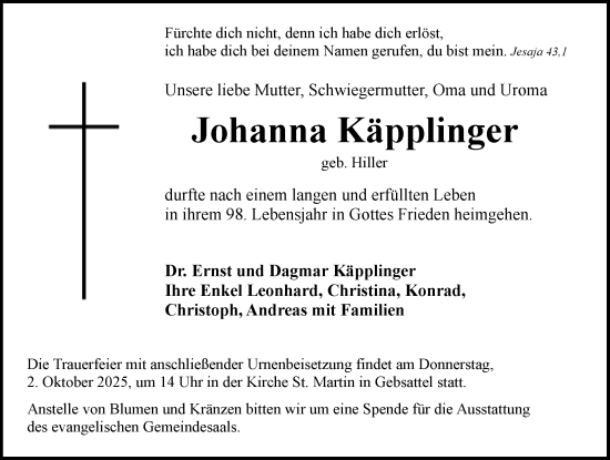 Traueranzeige von Johanna Käpplinger von Rothenburg