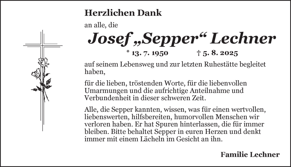  Traueranzeige für Josef Lechner vom 06.09.2025 aus Dinkelsbühl/ Feuchtwangen