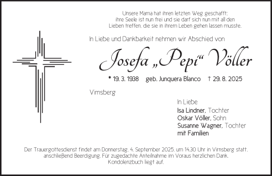 Traueranzeige von Josefa Völler von Ansbach