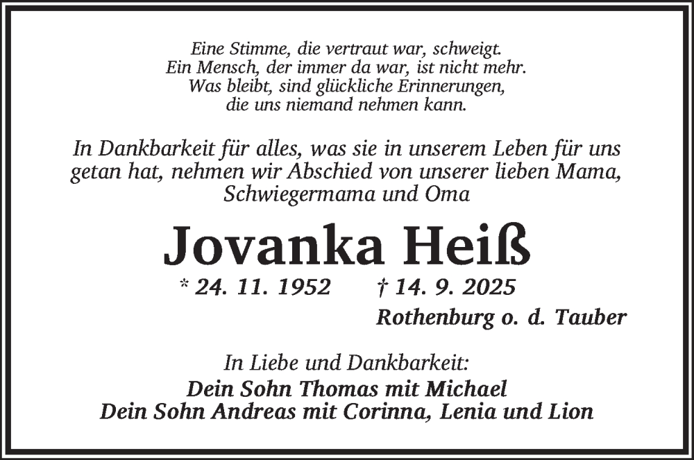  Traueranzeige für Jovanka Heiß vom 20.09.2025 aus Ansbach