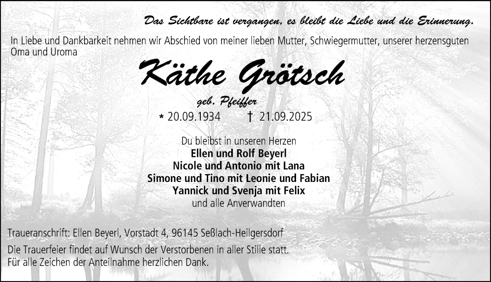  Traueranzeige für Käthe Grötsch vom 27.09.2025 aus Rothenburg