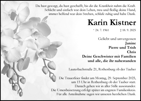 Traueranzeige von Karin Kistner von Rothenburg