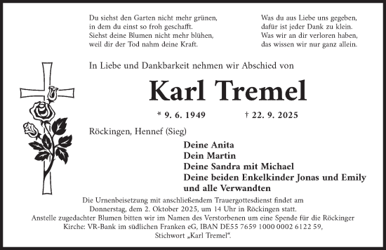 Traueranzeige von Karl Tremel von Dinkelsbühl/ Feuchtwangen