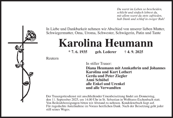 Traueranzeige von Karolina Heumann von Ansbach