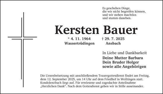 Traueranzeige von Kersten Bauer von Dinkelsbühl/ Feuchtwangen