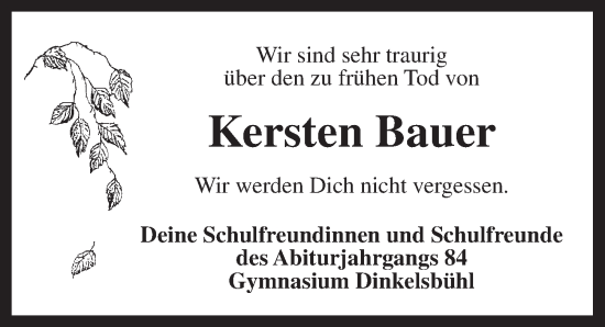 Traueranzeige von Kersten Bauer von Dinkelsbühl/ Feuchtwangen
