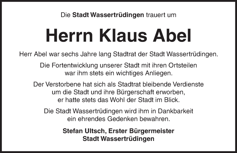  Traueranzeige für Klaus Abel vom 25.09.2025 aus Dinkelsbühl/ Feuchtwangen