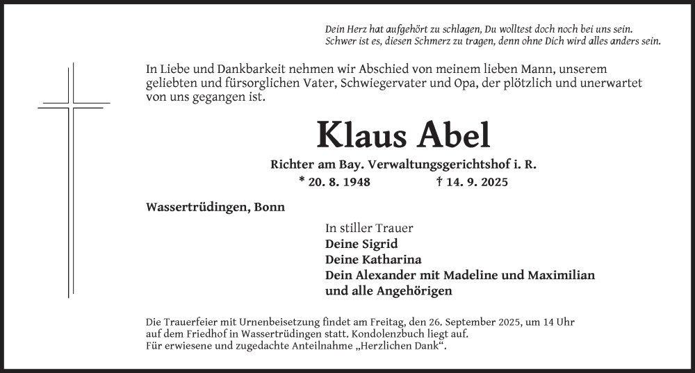  Traueranzeige für Klaus Abel vom 24.09.2025 aus Dinkelsbühl/ Feuchtwangen