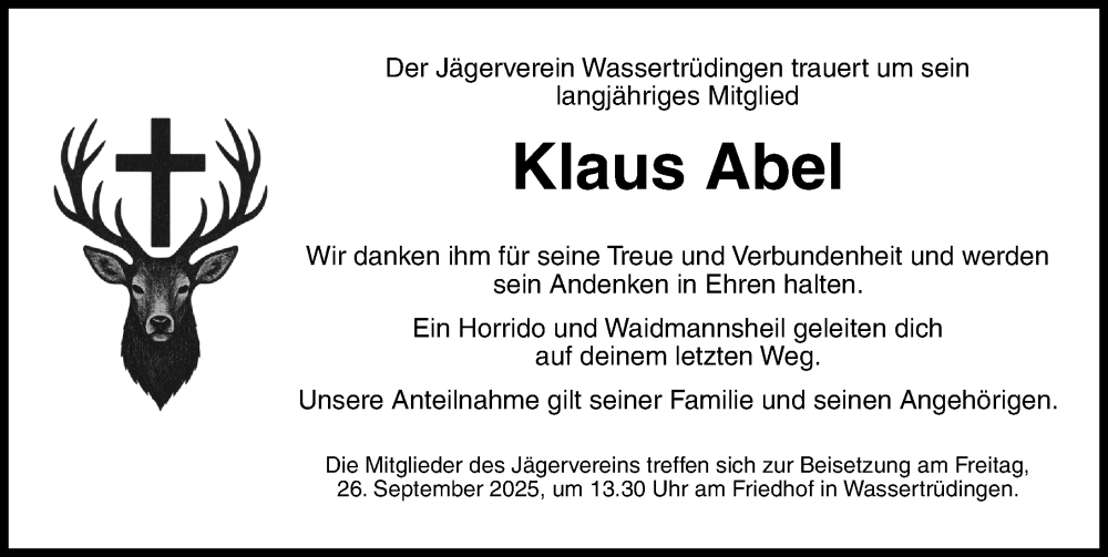  Traueranzeige für Klaus Abel vom 24.09.2025 aus Dinkelsbühl/ Feuchtwangen