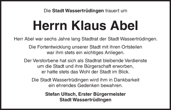 Traueranzeige von Klaus Abel von Dinkelsbühl/ Feuchtwangen