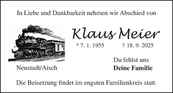 Traueranzeige von Klaus Meier von Neustadt/ Scheinfeld/ Uffenheim