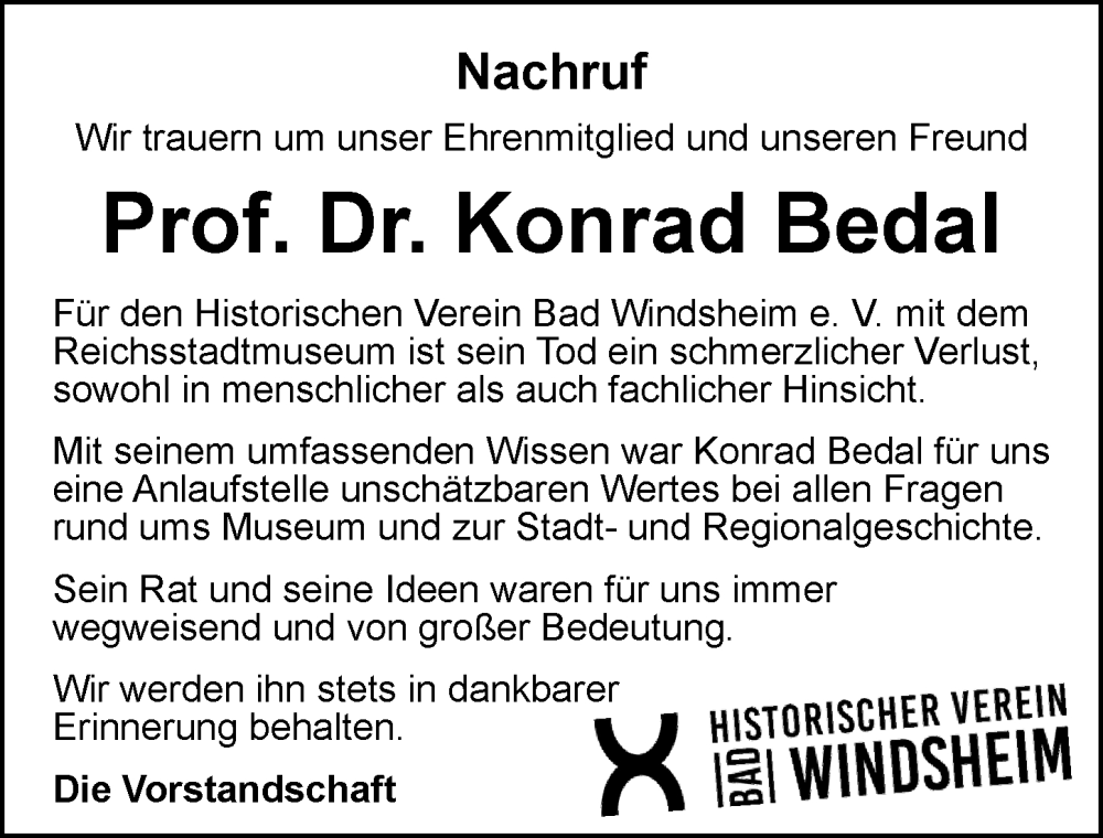 Traueranzeige für Konrad Bedal vom 11.09.2025 aus Neustadt/ Scheinfeld/ Uffenheim
