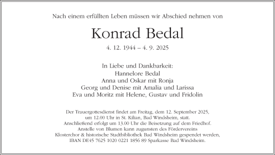 Traueranzeige von Konrad Bedal von Ansbach