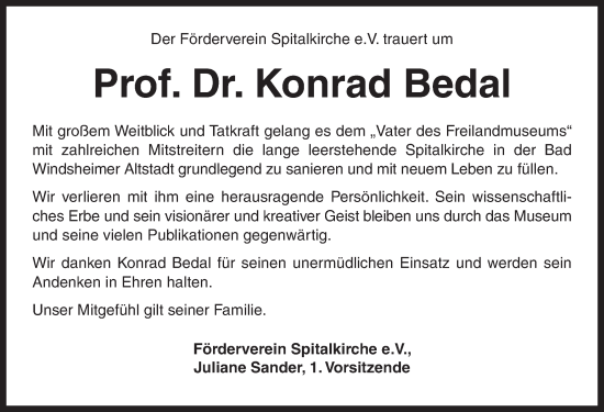 Traueranzeige von Konrad Bedal von Neustadt/ Scheinfeld/ Uffenheim