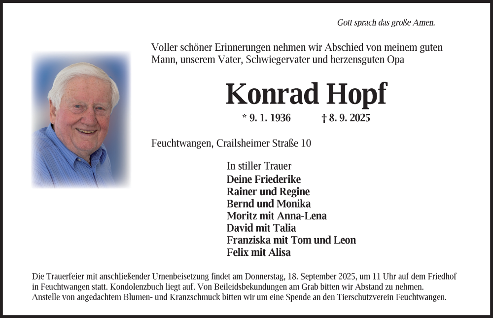  Traueranzeige für Konrad Hopf vom 16.09.2025 aus Dinkelsbühl/ Feuchtwangen