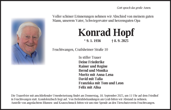Traueranzeige von Konrad Hopf von Dinkelsbühl/ Feuchtwangen