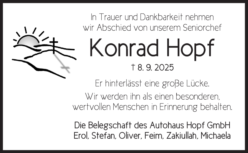  Traueranzeige für Konrad Hopf vom 17.09.2025 aus Dinkelsbühl/ Feuchtwangen