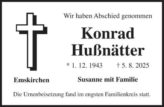 Traueranzeige von Konrad Hußnätter von Neustadt/ Scheinfeld/ Uffenheim