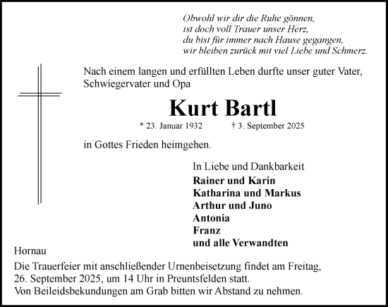 Traueranzeige von Kurt Bartl von Rothenburg
