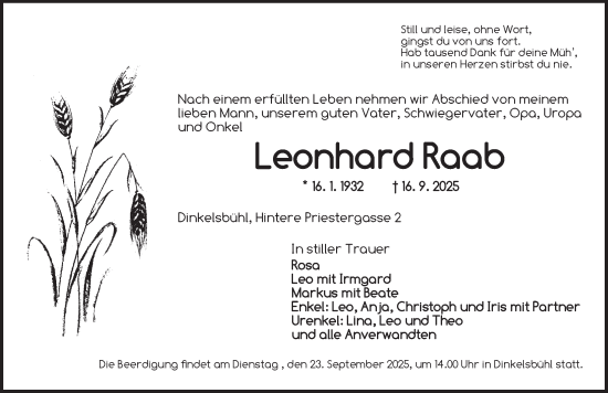 Traueranzeige von Leonhard Raab von Dinkelsbühl/ Feuchtwangen