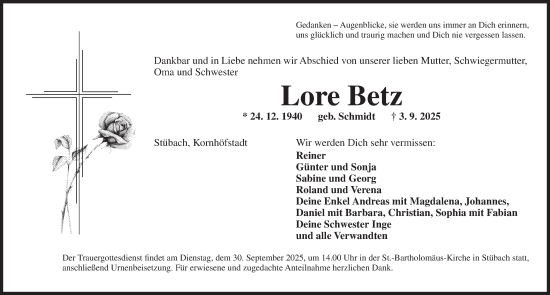 Traueranzeige von Lore Betz von Neustadt/ Scheinfeld/ Uffenheim