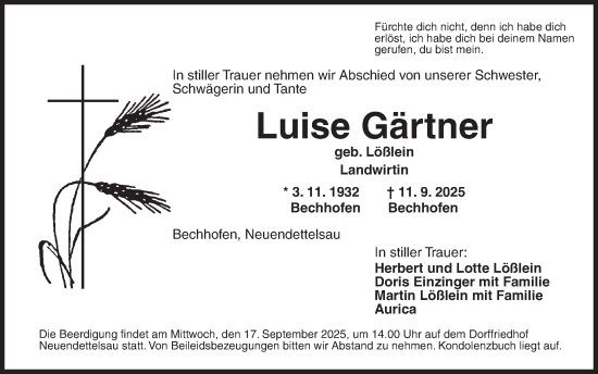Traueranzeige von Luise Gärtner von Ansbach