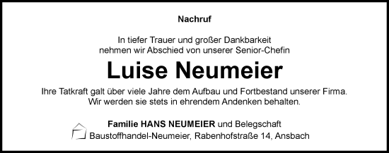 Traueranzeige von Luise Neumeier von Ansbach