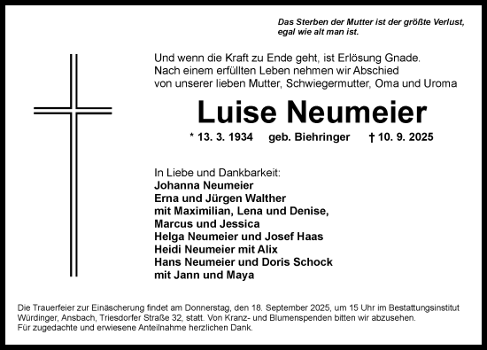Traueranzeige von Luise Neumeier von Ansbach