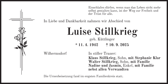 Traueranzeige von Luise Stillkrieg von Neustadt/ Scheinfeld/ Uffenheim